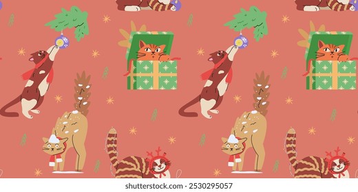 Christmas funny cats vector seamless pattern. Cute cats in sweaters and scarfs, deer antlers and wreath playing with garlands, Christmas toys and tree.