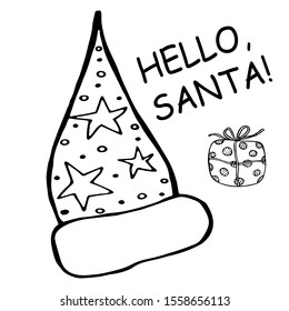 A Christmas funny coloring book: HELLO SANTA. Santa hat, gift box and lettering - good for card, poster, textile, scrapbookinr, flyers,wallpaper. New Year fashion design. Doodle isolated elements.
