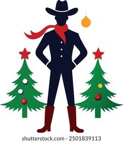 Christmas Funny Cowboy Silhouette Vector.