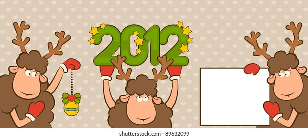 Christmas funny deer with border frame. Vector set