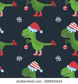 Christmas funny dinosaurs, seamless pattern.  For fabric, wrapping paper and other decoration. Vector illustration