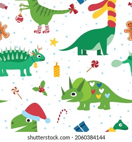 Christmas funny dinosaurs, seamless pattern. For fabric, wrapping paper and other decoration. Vector illustration