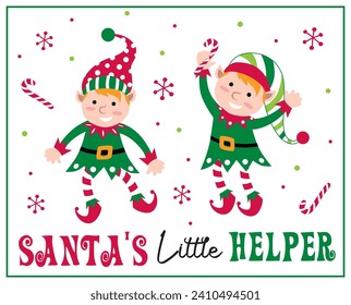 Christmas Funny Elves, Santa's Little Helper, Elves Isolated with Candy Cane- Christmas Vector Illustration