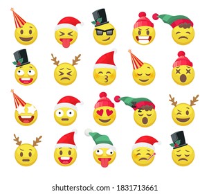 Christmas Funny Emotions. Cute Holiday Emotion Yellow Faces In Hats Or Reindeers Horns, Positive Happy Heads, Xmas And New Year Festive Sticker Collection, Chat Icons Cartoon Vector Isolated Set