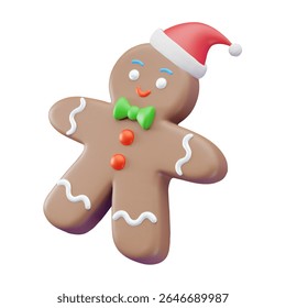 Christmas funny gingerbread in Santa Claus hat and green bow, 3d vector illustration