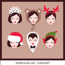 christmas funny girls icon set vector eps 10