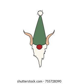 Christmas funny gnome in a green hat with red nose. Funny dwarf in a green hat and white beard. Isolated element. Santa's helper on a white background. Vector illustration.