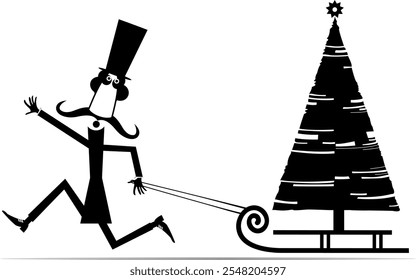 Christmas. Funny man in the top hat. Christmas tree on the sledge.
Cartoon long mustache gentleman in the top hat conveys a fir on the sledge. New Year day tree. Black on white background
