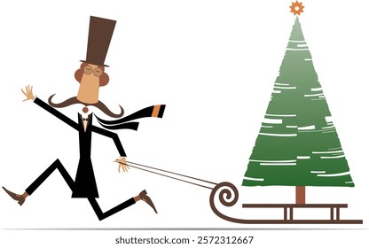 Christmas. Funny man in the top hat. Christmas tree on the sledge. Cartoon long mustache gentleman in the top hat conveys a fir on the sledge. New Year day tree. Isolated on white background