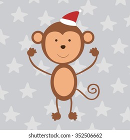 Christmas funny monkey on light background with stars