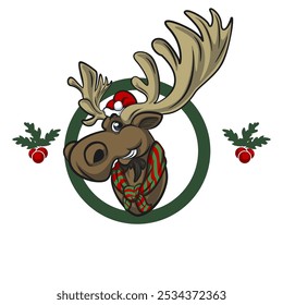 Christmas funny moose head with santa hat cartoon style isolated Vector Illustration, work of hand drawn