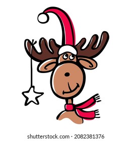 Christmas funny moose with star decoration in Santa hat. Colorful animal with a black line on a white background. Vector hand drawn illustration in sketch style isolated.