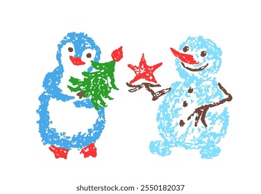 Christmas funny penguin and cute smiling snowman with tree and star. Like child`s hand drawn crayon, pastel chalk, pencil kids art flat cartoon or doodle style. Vector simple happy holiday character