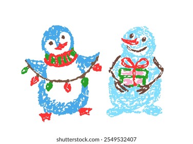 Christmas funny penguin and cute snowman with gift and garland light. Like child`s hand drawn crayon, pastel chalk, pencil kids art flat cartoon or doodle style. Vector simple happy holiday character