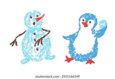 Christmas funny penguin and cute snowman playing snowball. Like child`s hand drawn crayon, pastel chalk, pencil kids art flat cartoon or doodle style. Vector simple happy holiday character