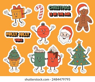 Christmas funny retro characters in groovy style. Merry Christmas and happy New Year sticker pack with Santa Clous, gift, Christmas tree, gingerbread, cocoa mugs, candy cane. Holly Jolly vibe 60s-70s.