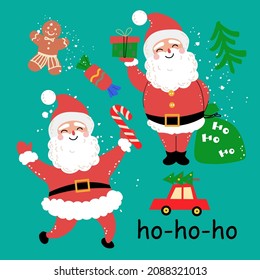 Christmas funny santas set and new year gifts in vintage style. Vector illustration doodle style