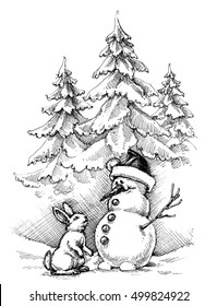 Christmas funny scene, winter landscape. This rabbit really wants snowman's carrot nose
