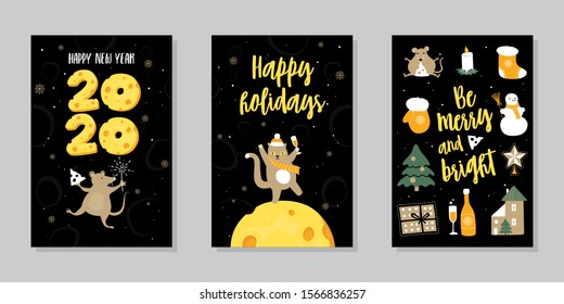 Christmas funny set of greeting cards. New Year 2020. Vector illustration with symbol of year, mouse, rat, cat, cheese, snowman, snowflakes, candle, Christmas tree. 