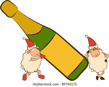 Christmas funny sheep with champagne bottles. Vector