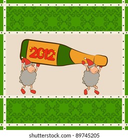 Christmas funny sheep with champagne bottles. Vector