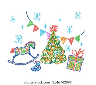 Christmas funny space area. Crayon, pastel chalk or pencil kids hand drawing sketch doodle tree style, gift box, rocking horse, bird, star, holiday. Cartoon flat bright scribble art scene design