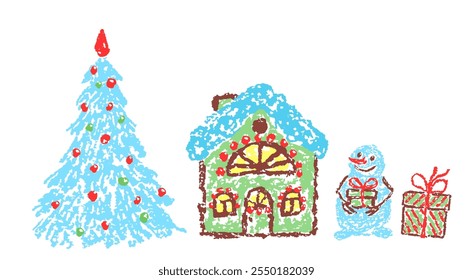 Christmas funny space area. Crayon, pastel chalk or pencil like kids hand drawing sketch doodle style. Tree, house, gift, snowman, holiday. Cartoon flat bright scribble sketch art scene vector design