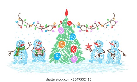 Christmas funny space area with cute snowman set. Crayon, pastel chalk or pencil like kids hand drawing style. Tree, snow, gift, colorful holiday garland light. Cartoon flat vibrant color scene vector