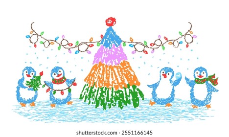 Christmas funny space area with cute penguin set. Crayon, pastel chalk or pencil like kids hand drawing style. Tree, snow, colorful holiday garland light. Cartoon flat vibrant color scene vector