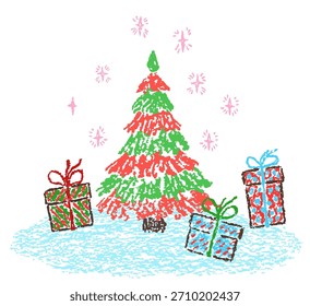 Christmas funny space area. Tree with holiday gift present box and sparks. Crayon, pastel chalk or pencil kids hand drawing sketch doodle style. Cartoon flat bright scribble art scene design