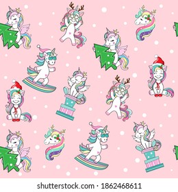 Christmas funny unicorns. Vector cartoon illustration seamless pattern on a pink background