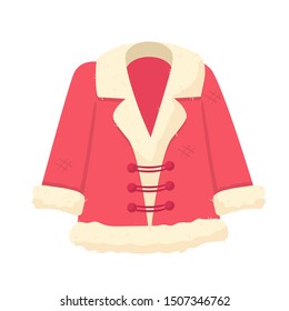 Christmas fur coat flat vector illustration. Xmas themed clothes, red warm topcoat. Garments shop, apparel store product. Traditional winter season fashionable wear. Santa claus classic overcoat