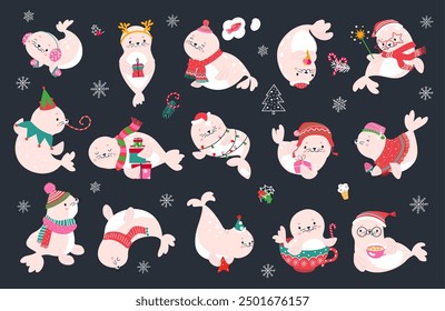 Christmas fur seals. Ocean seal wear xmas sweater scarf hat, sitting in decorative cup and drink beverages. Winter holiday funny nowaday vector characters