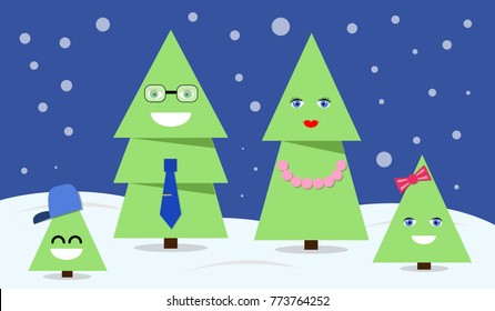 christmas fur tree family at night