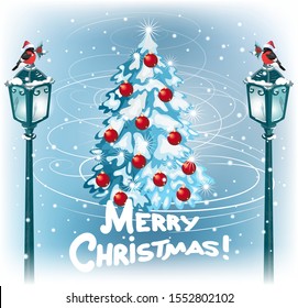 Christmas fur tree with glass balls and vintage streetlamps with bullfinches on the evening landscape background and snowfall