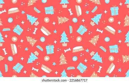 Christmas fur tree seamless pattern. Winter holiday dogs gift boxes and bones red background with blue ornaments balls. For gift and wrapping paper. Kids and baby textile. Cover books. 