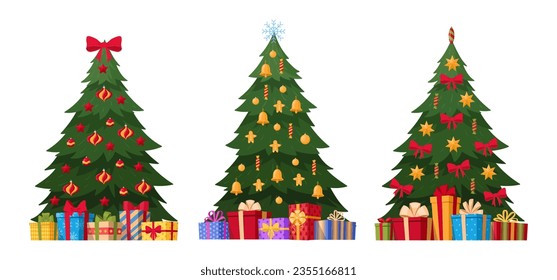 Christmas fur tree set. Cartoon decorated green xmas trees with garlands and gifts. Xmas holidays flat vector illustration collection. Christmas green fur trees