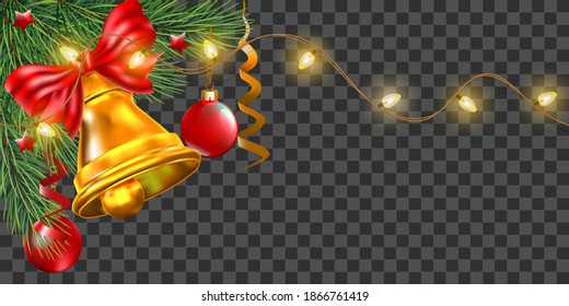 Christmas fur tree with tradition decor, bell and lights on transparent. Holiday vector for design.