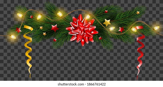 Weihnachtsfellbaum mit traditionellem Dekor und Licht auf transparentem Hintergrund. Urlaubsvektor für Design.