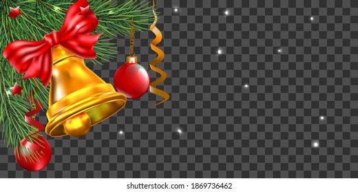 Christmas fur tree with tradition decor, bell and balls on transparent. Holiday vector for design.