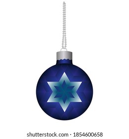 Christmas fur-tree toy. A blue ball with a white star on a silver chain.