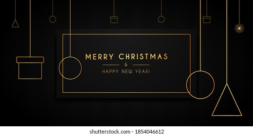 Christmas futuristic card - minimalist design. Creative black Christmas banner with golden Christmas toys Vector illustration.