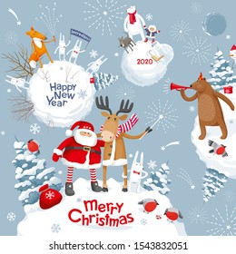 Christmas Galaxy. Vector Merry Christmas and New Year image with Cute cartoon  animals, birds and Santa for greeting cards, posters, banners, sales and other winter events.