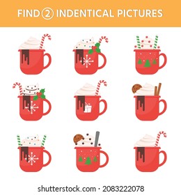 Christmas game for children. Find 2 identical cocoa mugs. Vector illustration. Printed sheet. A game to develop attention