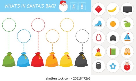 Juego de Navidad para niños. Averigüe qué hay en la bolsa de Santa. Estudio de los colores. Ilustración vectorial. Hoja de cálculo para imprimir. Juego de desarrollo