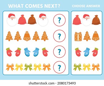 Christmas game for children yna develop logic. What's next? Find the correct answer and circle. Vector illustration