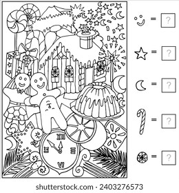 Christmas game. Find and color hidden objects in the picture and count. Coloring page. Hidden Items. Sketch vector illustration