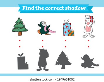 Christmas game Find the correct shadow. Educational game for children. Cartoon vector illustration.