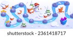 Christmas game rad map board with winter snow. Cute New Year track design with level indicator achievement and score progress. Merry Xmas snowy mobile videogame app interface assets with landscape