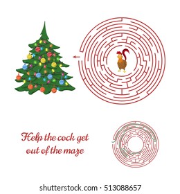 Christmas game: rooster in the maze. Help the cock get out of the labyrinth. Vector illustration. 